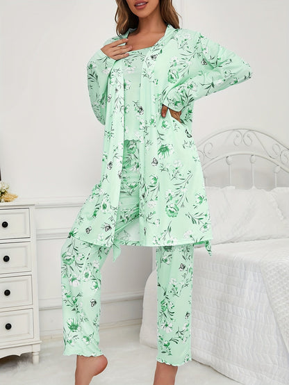 Unisex Pajama Set – Light Green Polyester Floral Printed Pants – view 15