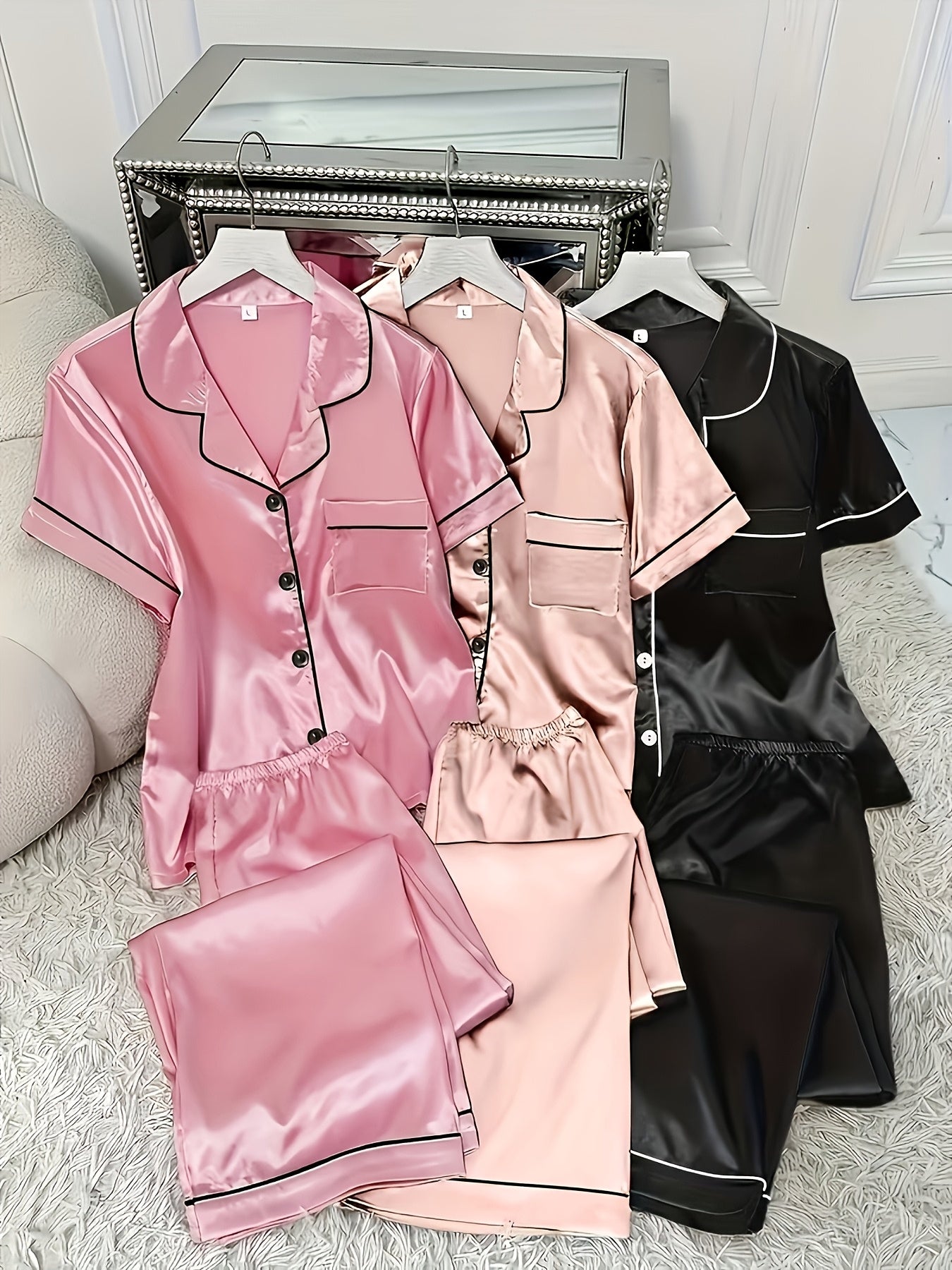 Unisex Pajama Set – Pink + Gray + Champagne Satin Pants – main product image