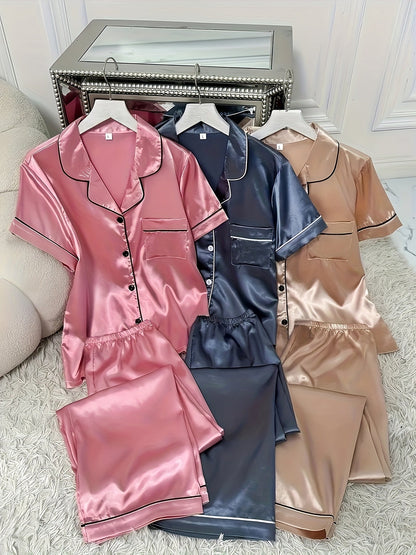Unisex Pajama Set – Pink + Gray + Champagne Satin Pants – view 3