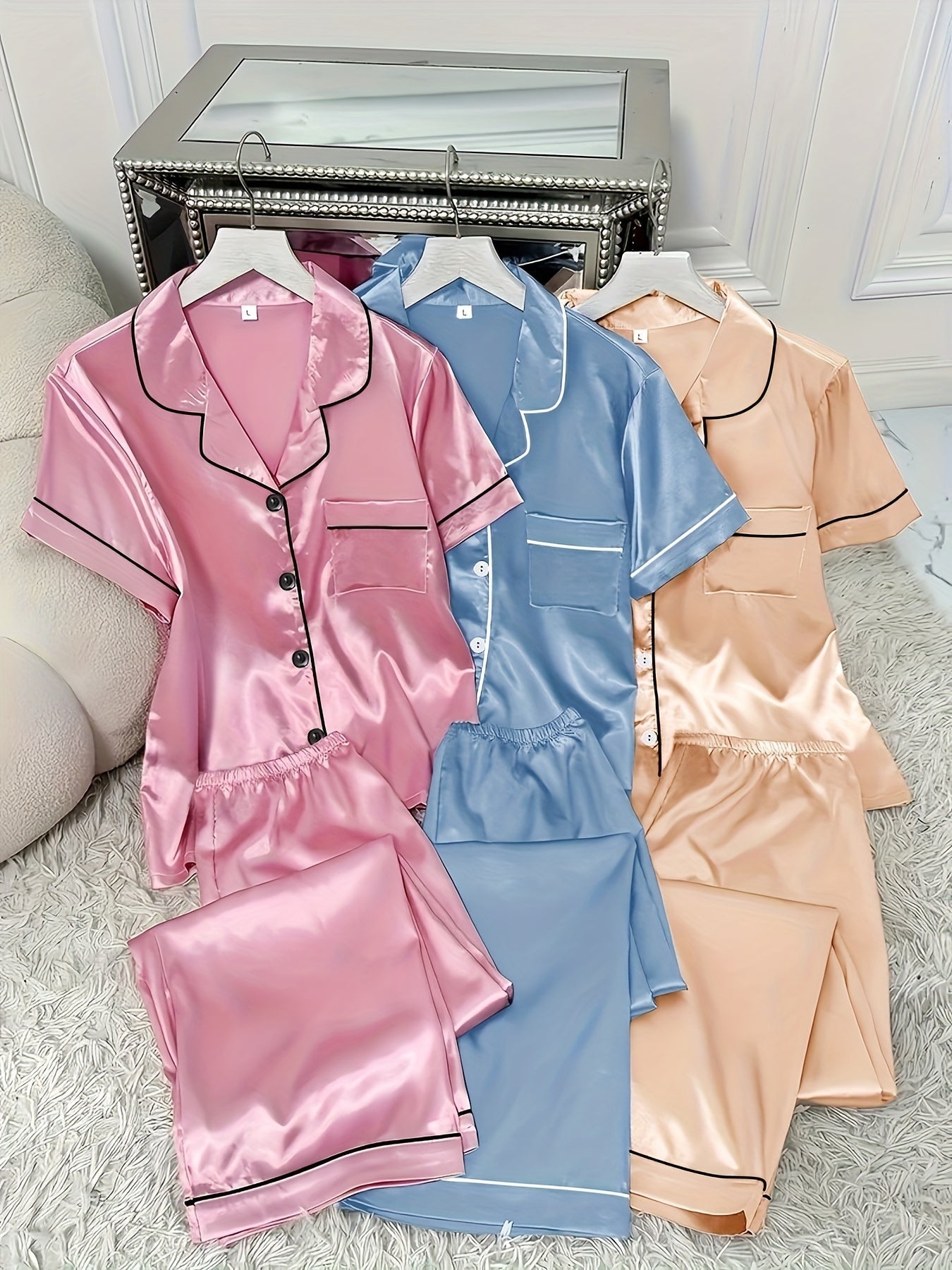 Unisex Pajama Set – Pink + Gray + Champagne Satin Pants – view 8