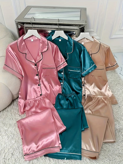 Unisex Pajama Set – Pink + Gray + Champagne Satin Pants – view 10