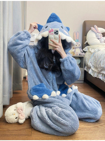 Unisex Shark Fleece Pajama Jumpsuit - Hooded Winter Sleepwear – view 2