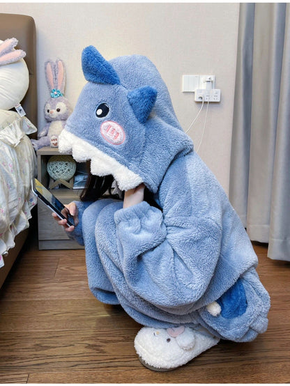 Unisex Shark Fleece Pajama Jumpsuit - Hooded Winter Sleepwear – view 3