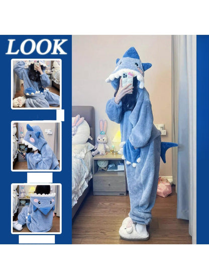 Unisex Shark Fleece Pajama Jumpsuit - Hooded Winter Sleepwear – view 4