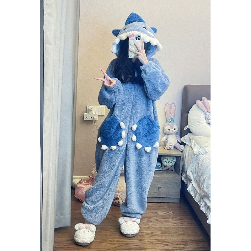 Unisex Shark Fleece Pajama Jumpsuit - Hooded Winter Sleepwear – view 5
