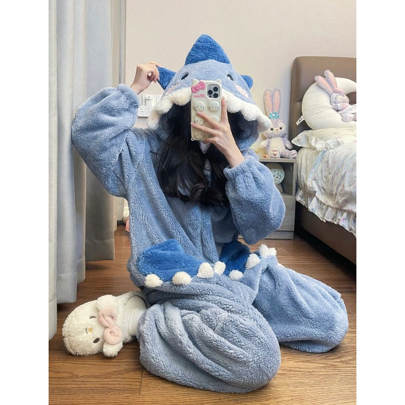 Unisex Shark Fleece Pajama Jumpsuit - Hooded Winter Sleepwear – view 6