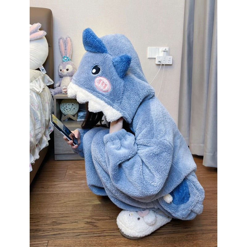 Unisex Shark Fleece Pajama Jumpsuit - Hooded Winter Sleepwear – view 7