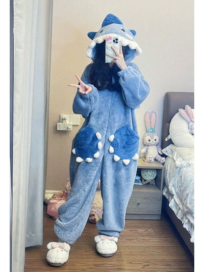 Unisex Shark Fleece Pajama Jumpsuit - Hooded Winter Sleepwear – view 8