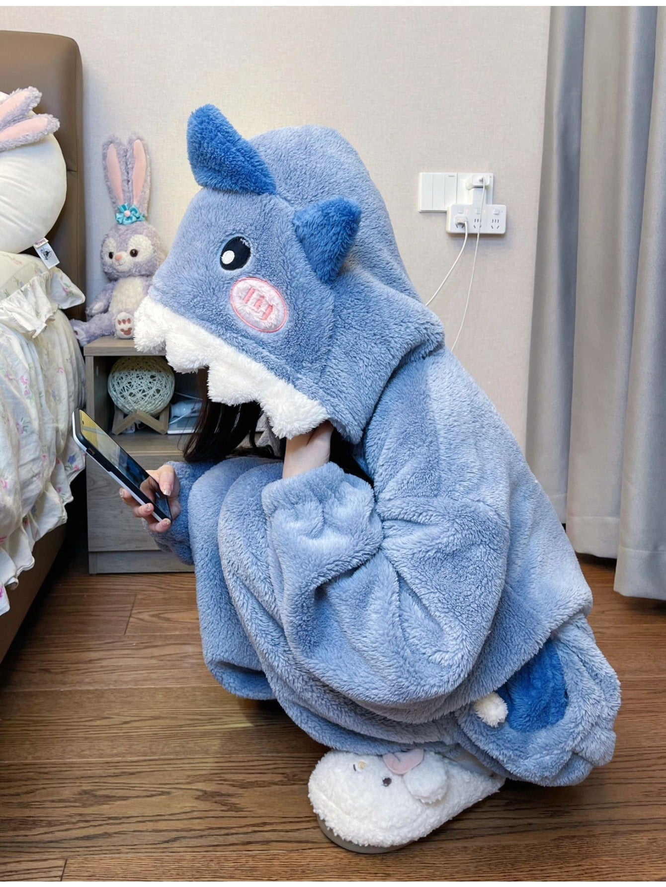 Unisex Shark Fleece Pajama Jumpsuit - Hooded Winter Sleepwear – view 10