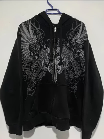 Unisex Versatile Denim Graphic Hoodie – Red option – view 2