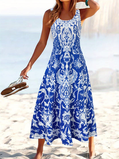 Vacation Floral Midi Dress – Khaki Printed Summer Style detail view