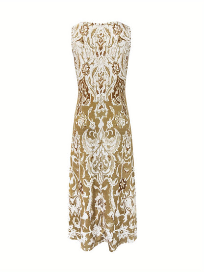 Vacation Floral Midi Dress – Khaki Printed Summer Style detail view