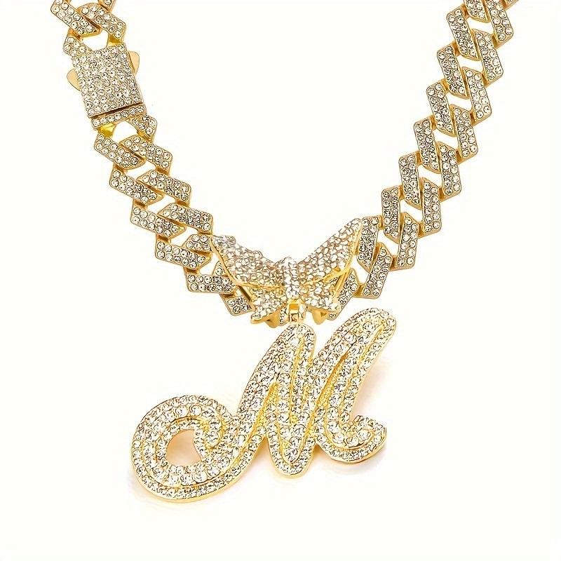 Cuban Link Chain Necklace - Initial Letter Necklace for Men Women - Cuban Link Chain with Butterfly Alphabet - product detail view 106
