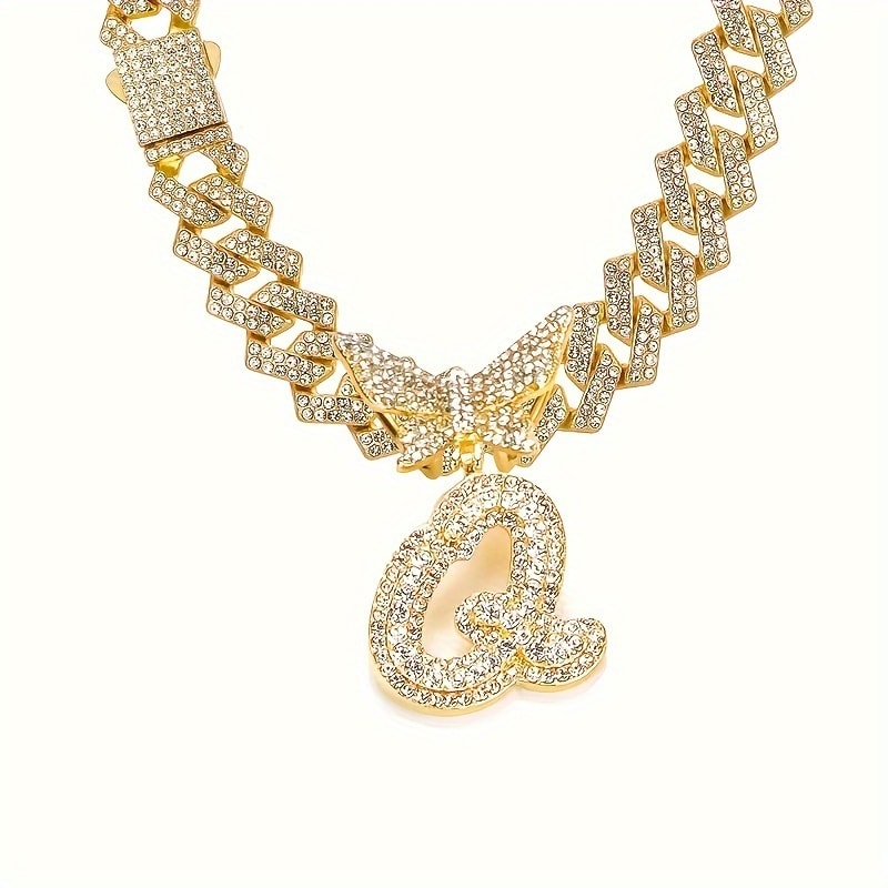 Cuban Link Chain Necklace - Initial Letter Necklace for Men Women - Cuban Link Chain with Butterfly Alphabet - product detail view 107
