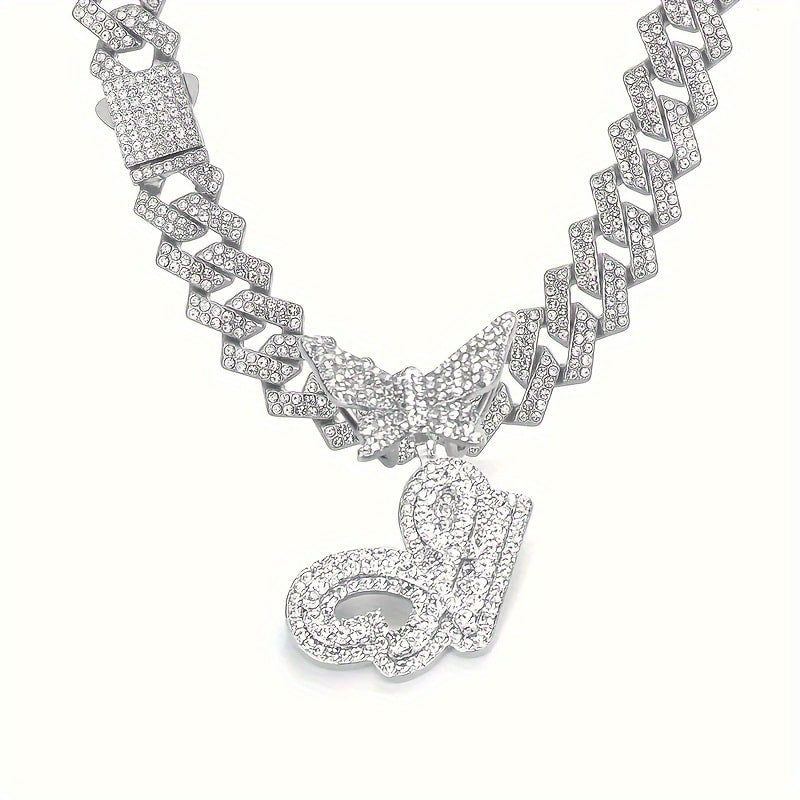 Cuban Link Chain Necklace - Initial Letter Necklace for Men Women - Cuban Link Chain with Butterfly Alphabet - product detail view 109