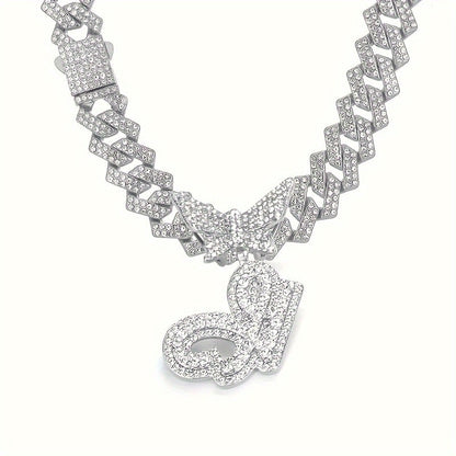 Cuban Link Chain Necklace - Initial Letter Necklace for Men Women - Cuban Link Chain with Butterfly Alphabet - product detail view 109