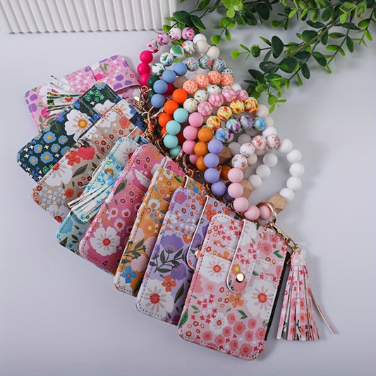 Wallets & Coin Purses - Beaded Wristlet Keychain Wallet Floral Purse with Tassel Card Holder Key - main product view