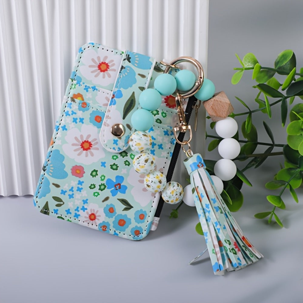 Wallets & Coin Purses - Beaded Wristlet Keychain Wallet Floral Purse with Tassel Card Holder Key - product detail view 3