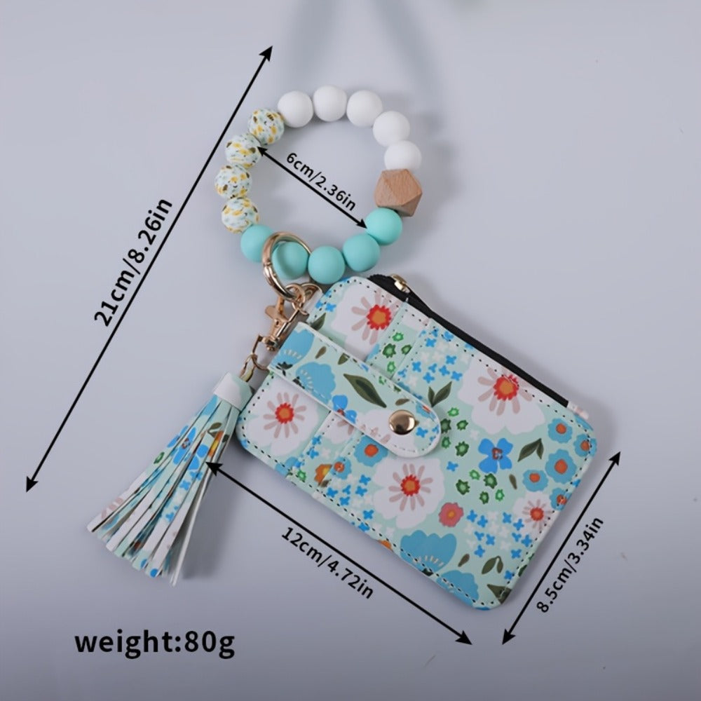 Wallets & Coin Purses - Beaded Wristlet Keychain Wallet Floral Purse with Tassel Card Holder Key - product detail view 5