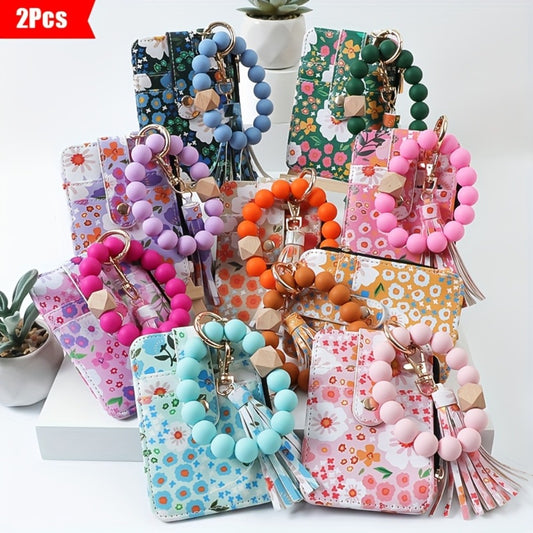 Wallets & Coin Purses - Floral Purse Beaded Wrist Keychain 2pcs Set PU Tassel Card Bag Bohemian - main product view