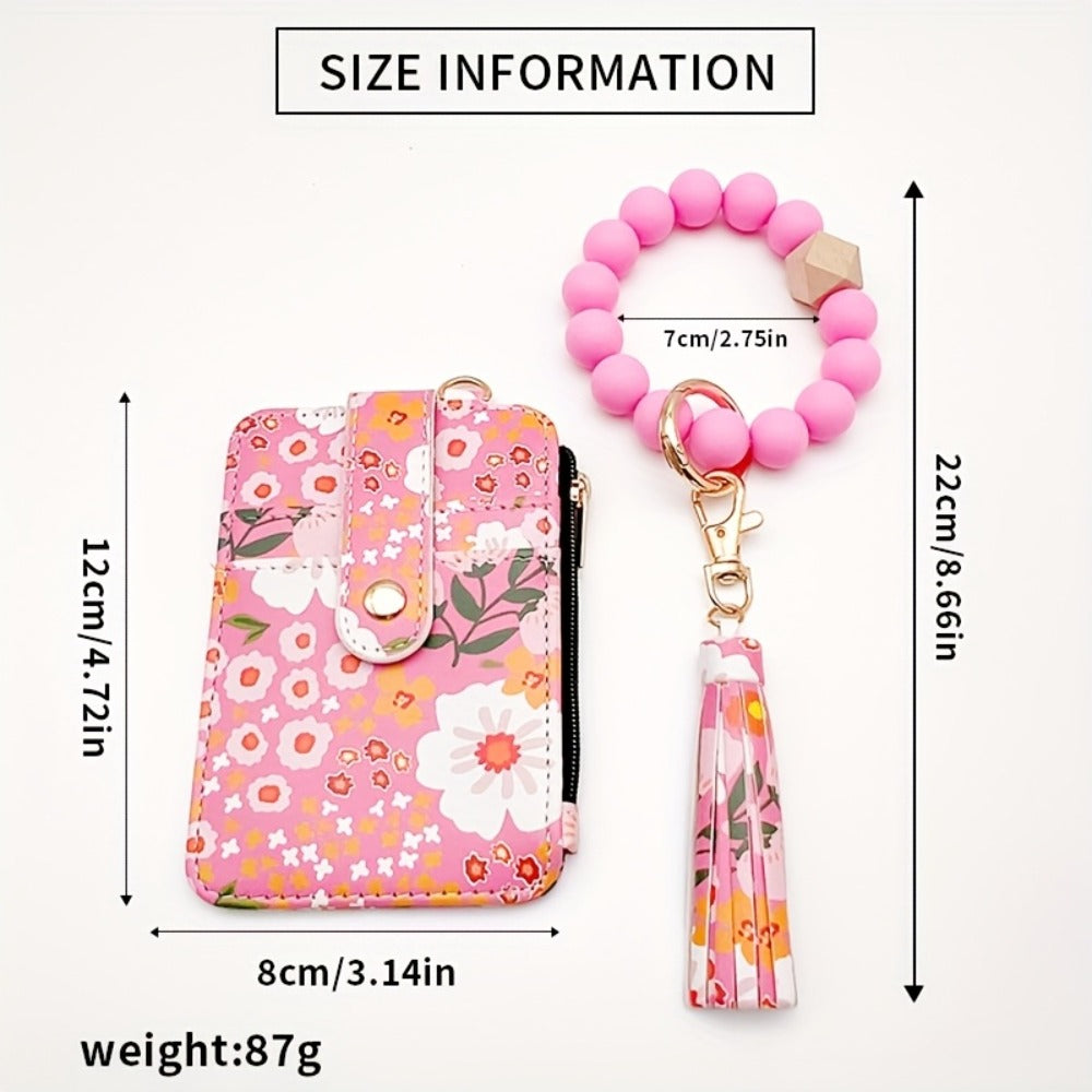 Wallets & Coin Purses - Floral Purse Beaded Wrist Keychain 2pcs Set PU Tassel Card Bag Bohemian - product detail view 2