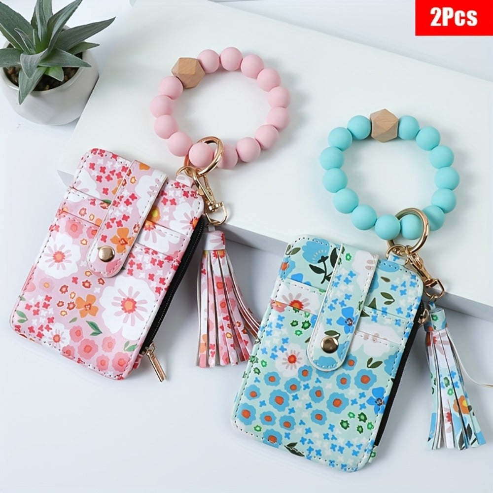 Wallets & Coin Purses - Floral Purse Beaded Wrist Keychain 2pcs Set PU Tassel Card Bag Bohemian - product detail view 3
