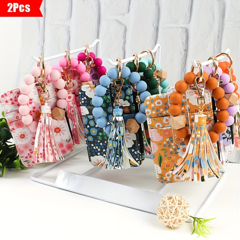 Wallets & Coin Purses - Floral Purse Beaded Wrist Keychain 2pcs Set PU Tassel Card Bag Bohemian - product detail view 4