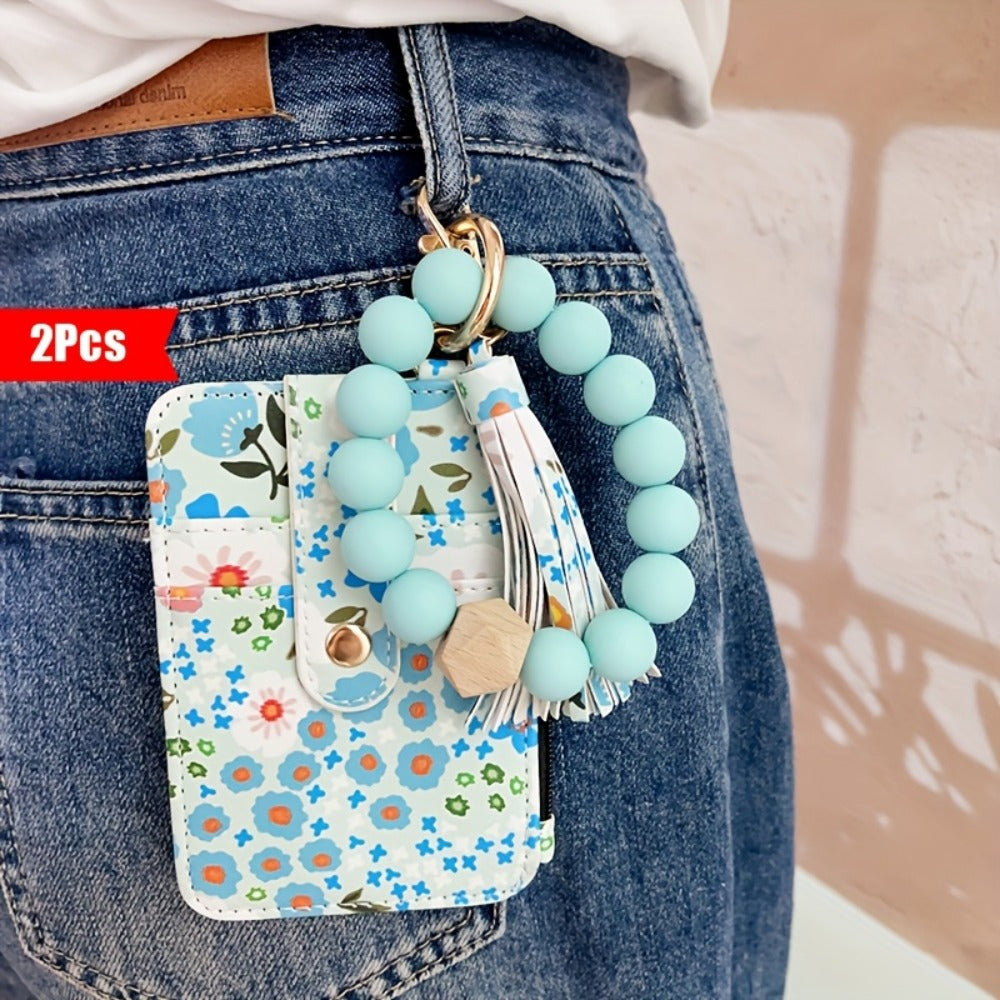 Wallets & Coin Purses - Floral Purse Beaded Wrist Keychain 2pcs Set PU Tassel Card Bag Bohemian - product detail view 6