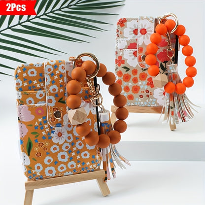 Wallets & Coin Purses - Floral Purse Beaded Wrist Keychain 2pcs Set PU Tassel Card Bag Bohemian - product detail view 12