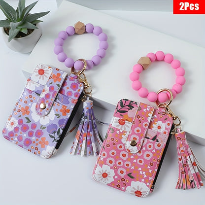 Wallets & Coin Purses - Floral Purse Beaded Wrist Keychain 2pcs Set PU Tassel Card Bag Bohemian - product detail view 15