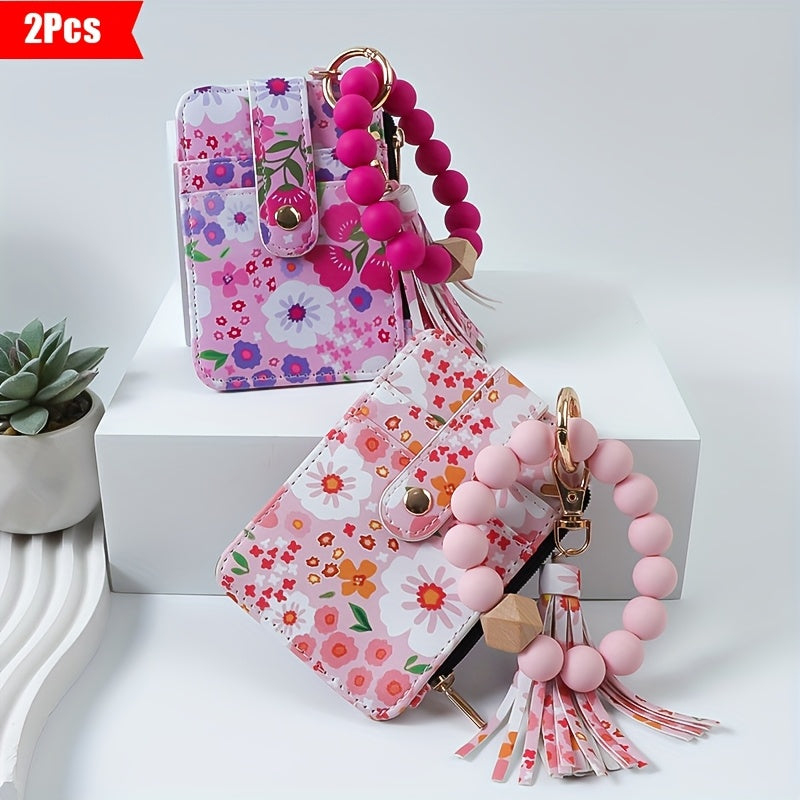 Wallets & Coin Purses - Floral Purse Beaded Wrist Keychain 2pcs Set PU Tassel Card Bag Bohemian - product detail view 16