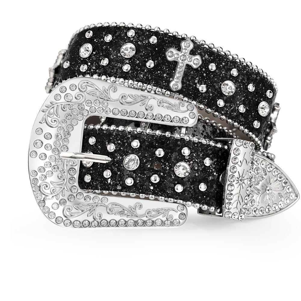 Western Belt - Rhinestone Studded Unisex Punk Carved Buckle PU Leather Hip-Hop Waist - product detail view 31