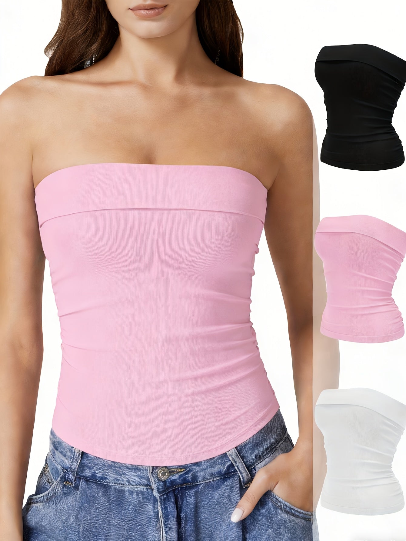 Women's 3-Pack Bandeau Crop Tops - Strapless Stretch Nylon Blend – main product image