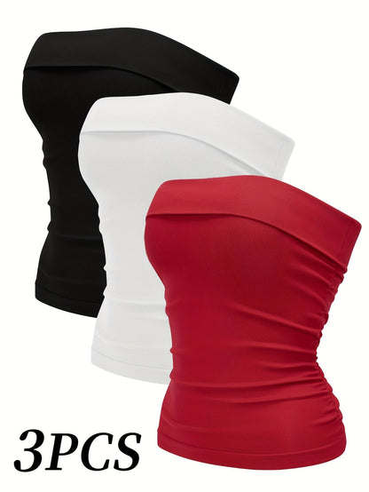 Women's 3-Pack Bandeau Crop Tops - Strapless Stretch Nylon Blend detail view