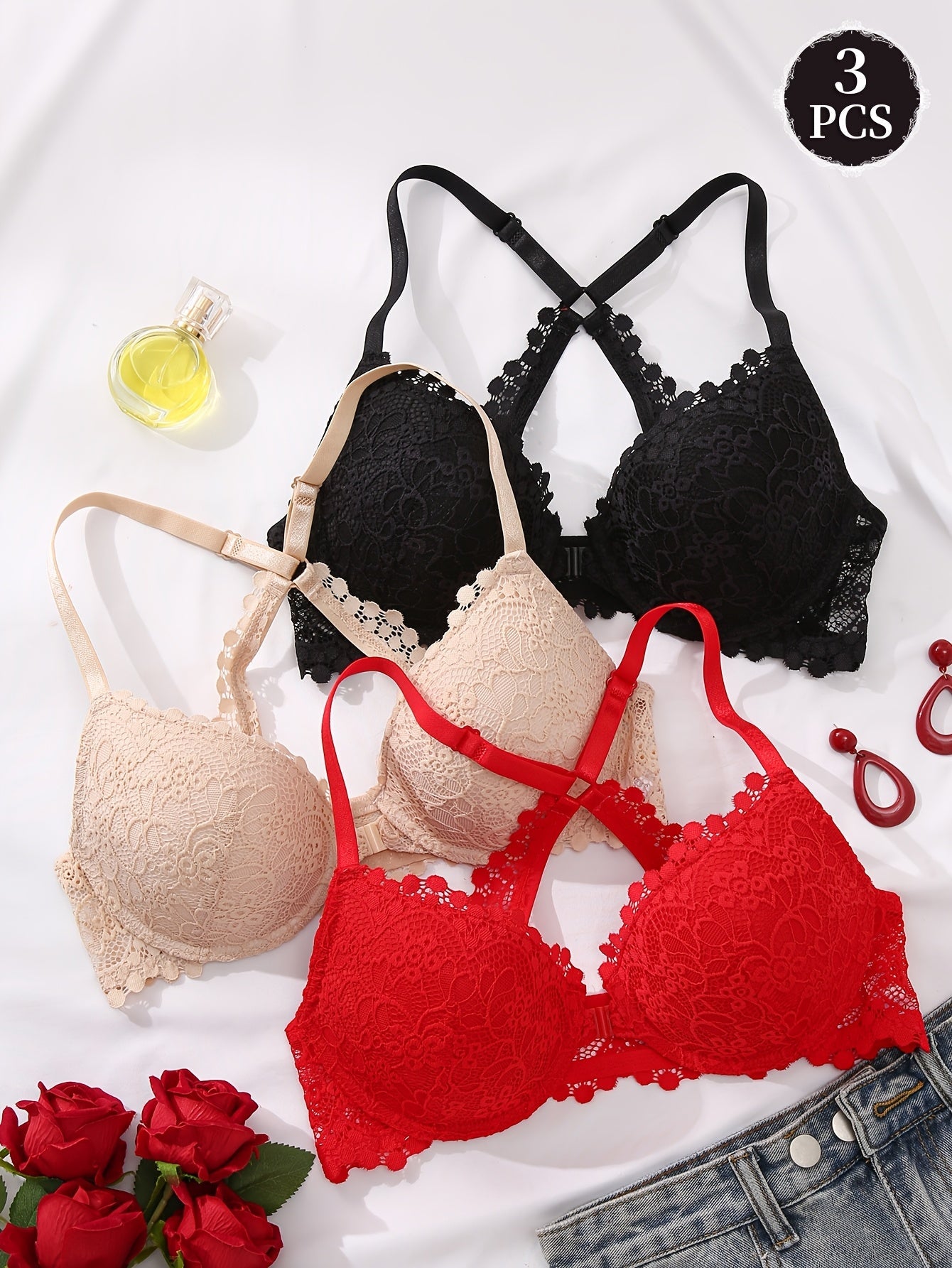 Women’s 3-Pack Front Closure Bra - Lace Detail Comfort – Sizes EU 70A–EU 90C – main product image