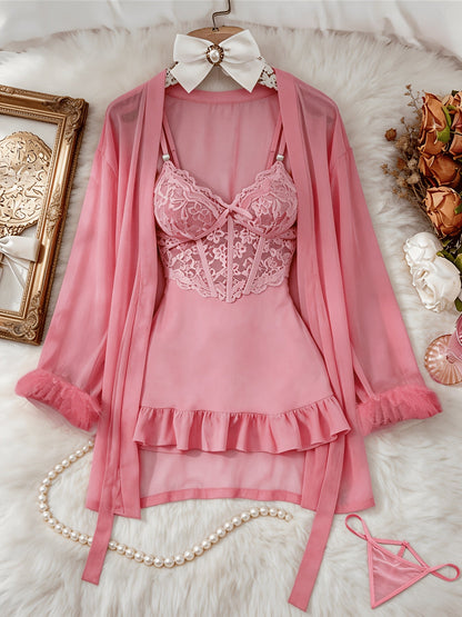 Women's 3-Piece Sheer Lace Babydoll Set - Robe and Panty – main product image