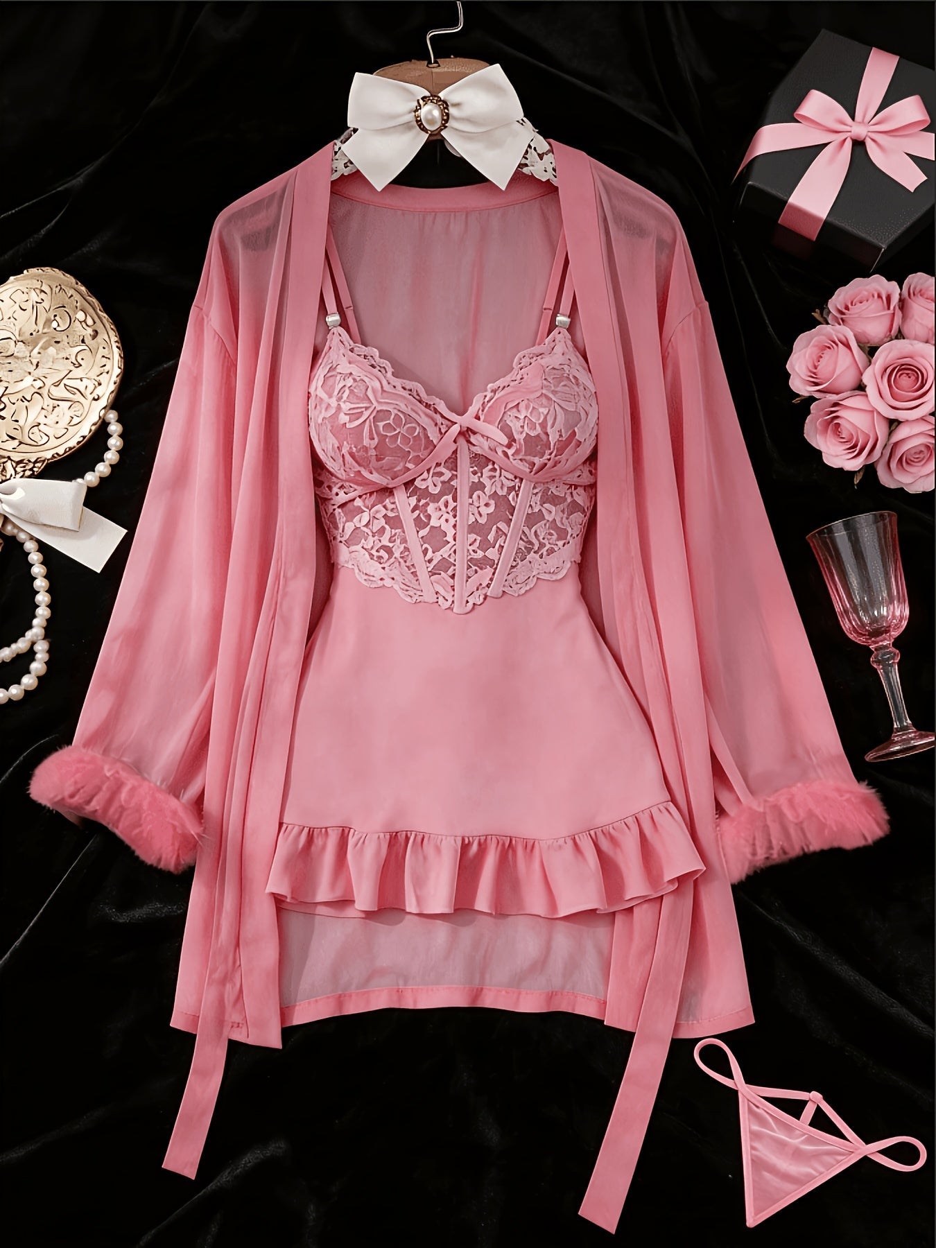 Women's 3-Piece Sheer Lace Babydoll Set - Robe and Panty – view 5