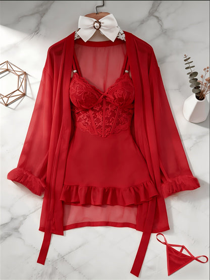 Women's 3-Piece Sheer Lace Babydoll Set - Robe and Panty – view 6