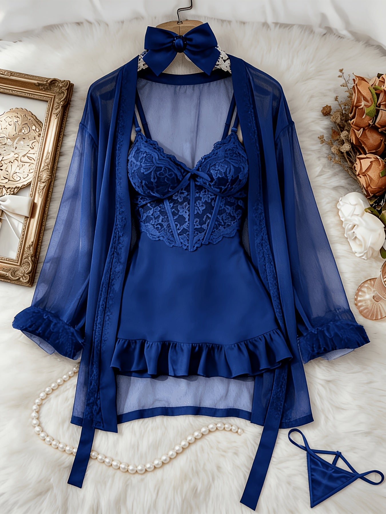 Women's 3-Piece Sheer Lace Babydoll Set - Robe and Panty – view 7