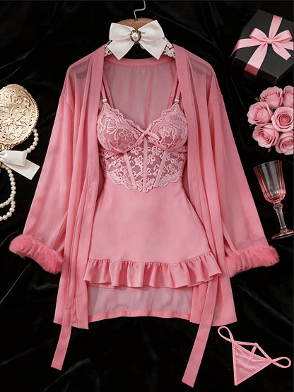 Women's 3-Piece Sheer Lace Babydoll Set - Robe and Panty – view 11