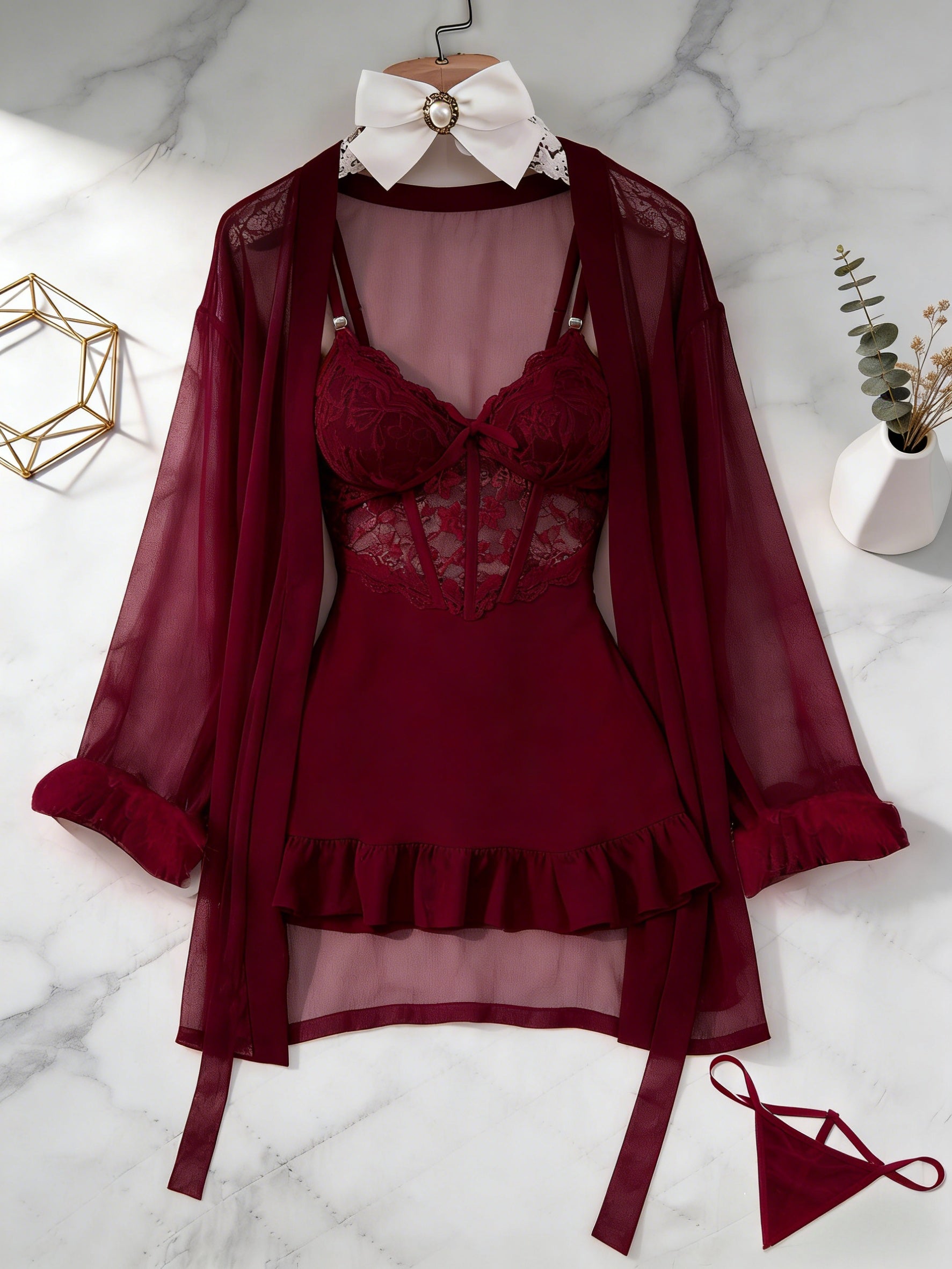 Women's 3-Piece Sheer Lace Babydoll Set - Robe and Panty – view 12