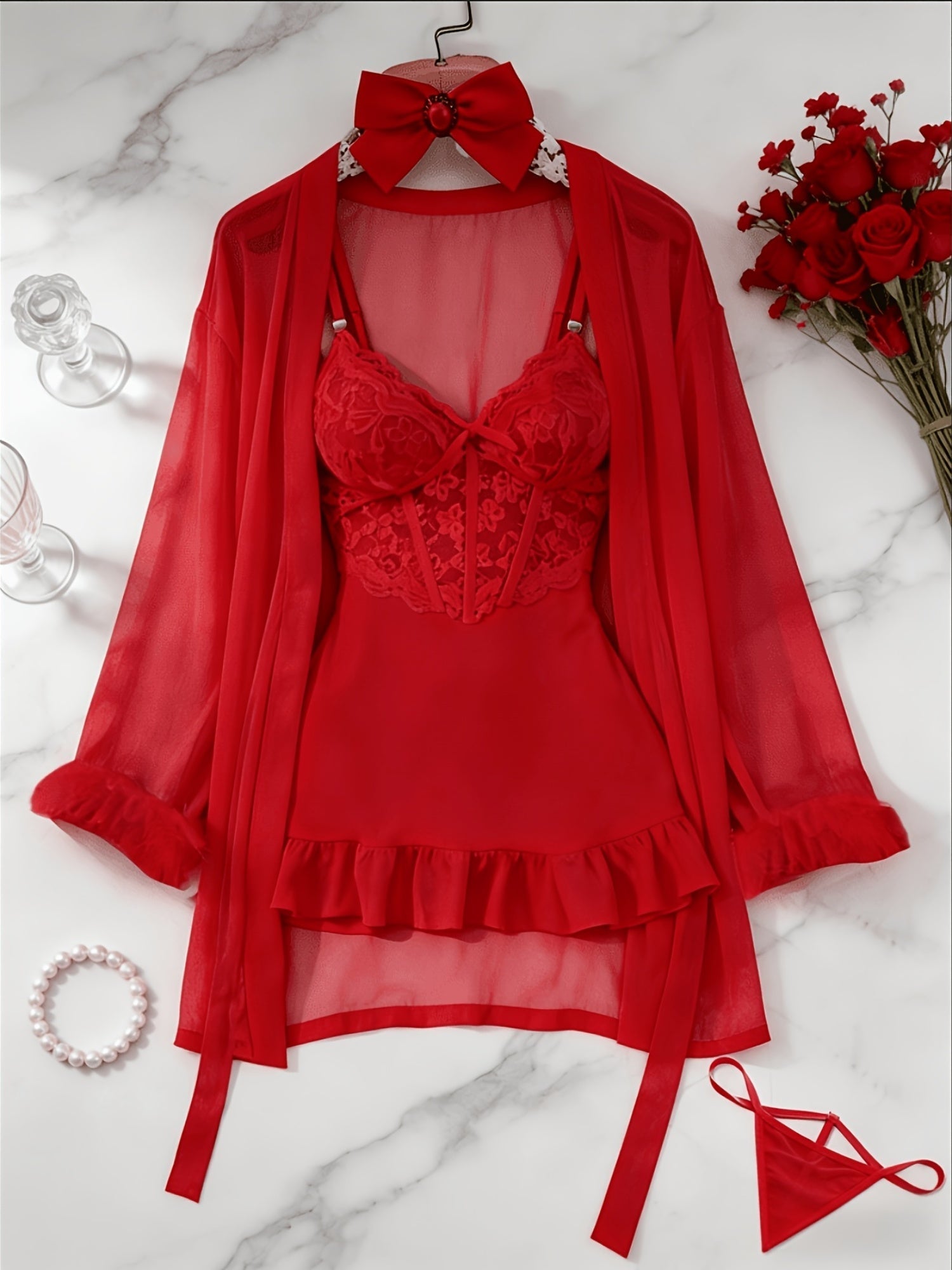 Women's 3-Piece Sheer Lace Babydoll Set - Robe and Panty – view 15