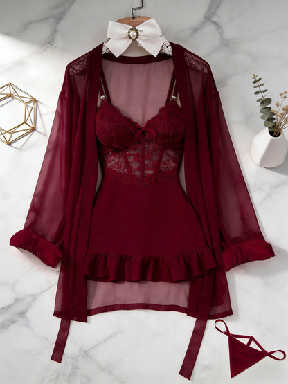 Women's 3-Piece Sheer Lace Babydoll Set - Robe and Panty – view 29