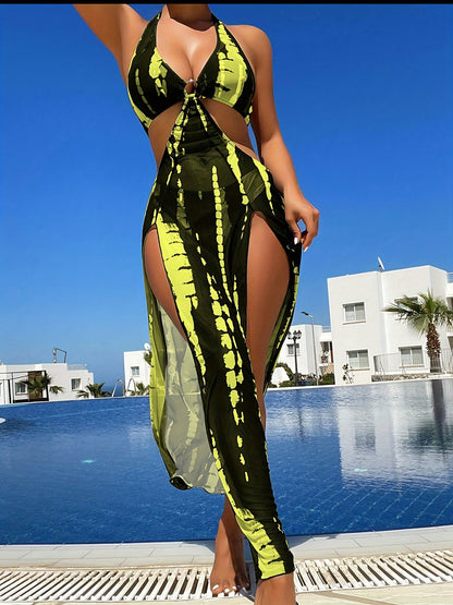 Women's 3-Piece Tie-Dye Swimwear Set - Halter Skirted – Black option – main product image