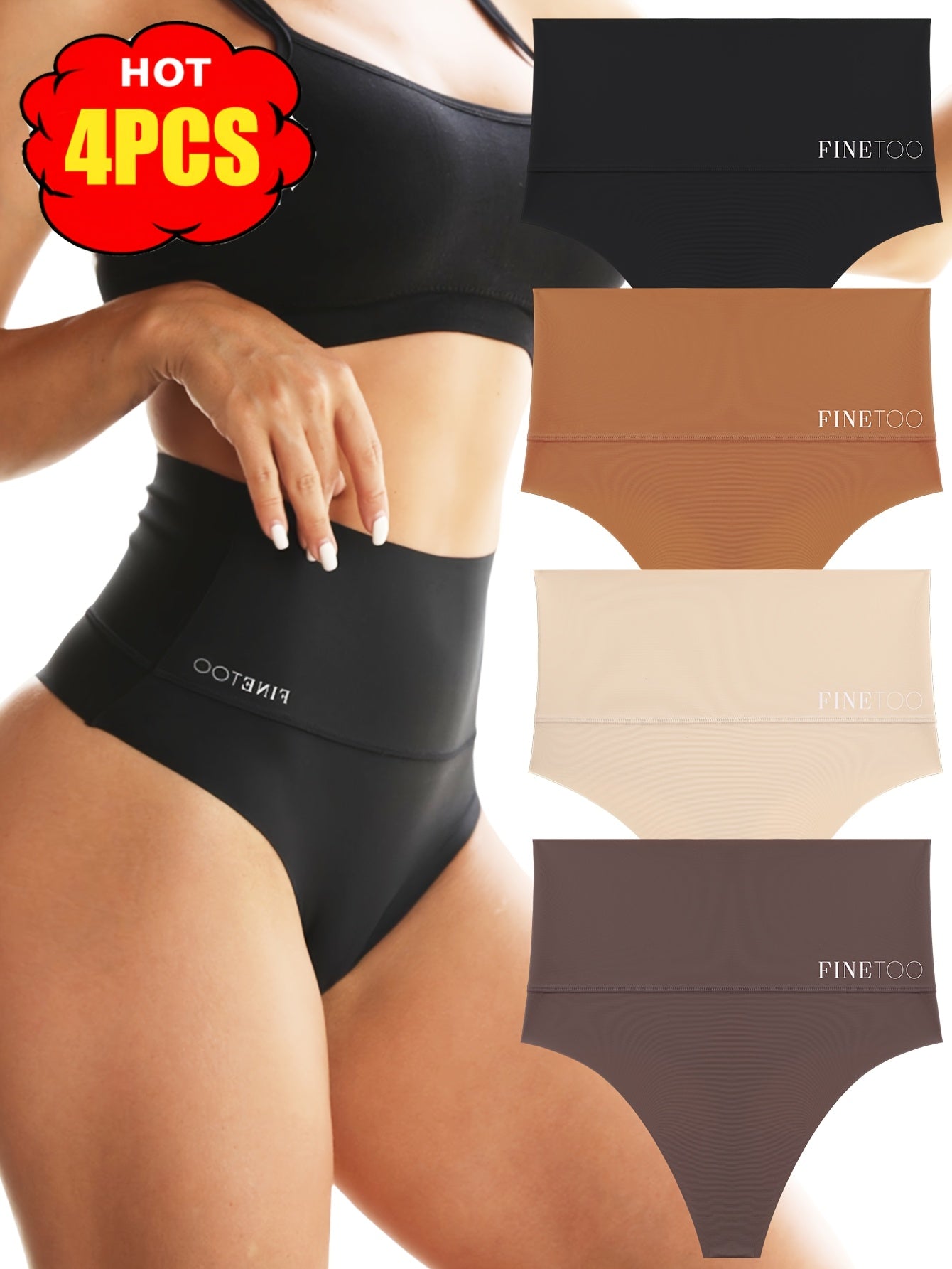 Women's 4-Pack High-Waist Seamless Thongs - Solid Color Everyday Comfort – Black option – view 2