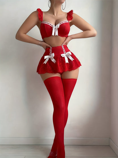 Women's 4-Piece Red Lace Lingerie Set - Bra Skirt Stockings Thong – view 3