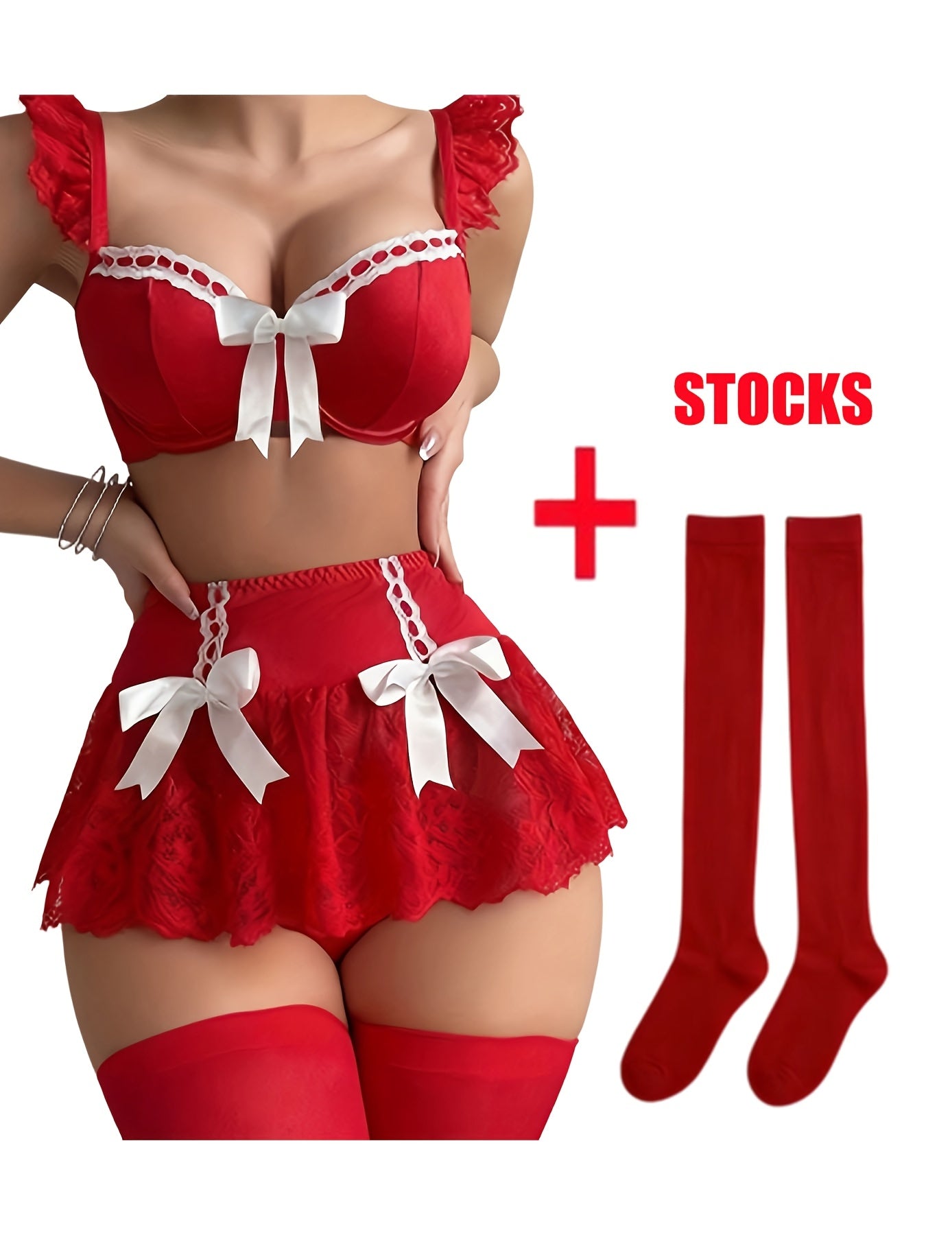 Women's 4-Piece Red Lace Lingerie Set - Bra Skirt Stockings Thong – Red option – main product image