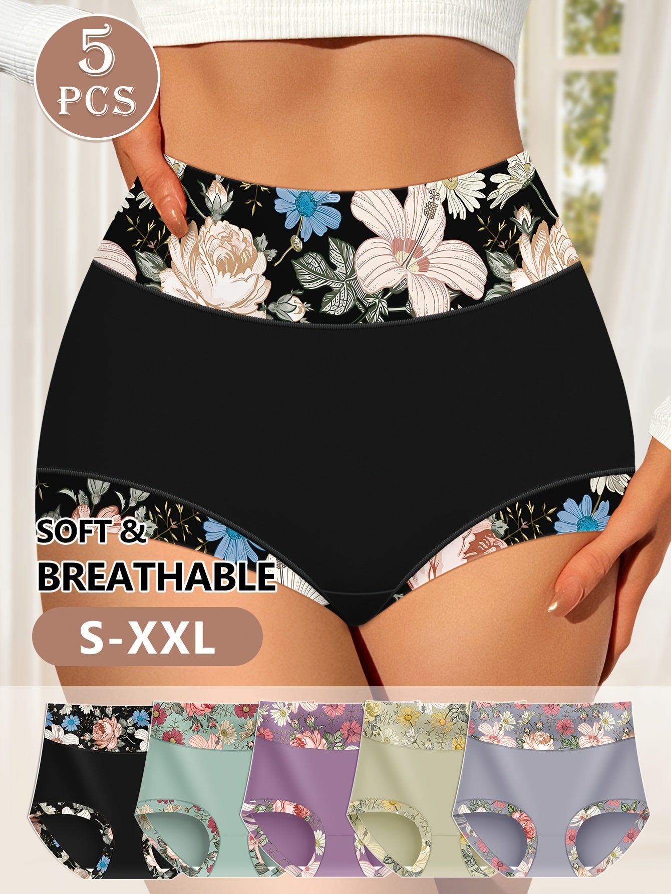 Women's 5-Pack High-Waist Briefs - Floral Everyday Comfort - Mixed – Polyester Printed Underwear – main product image