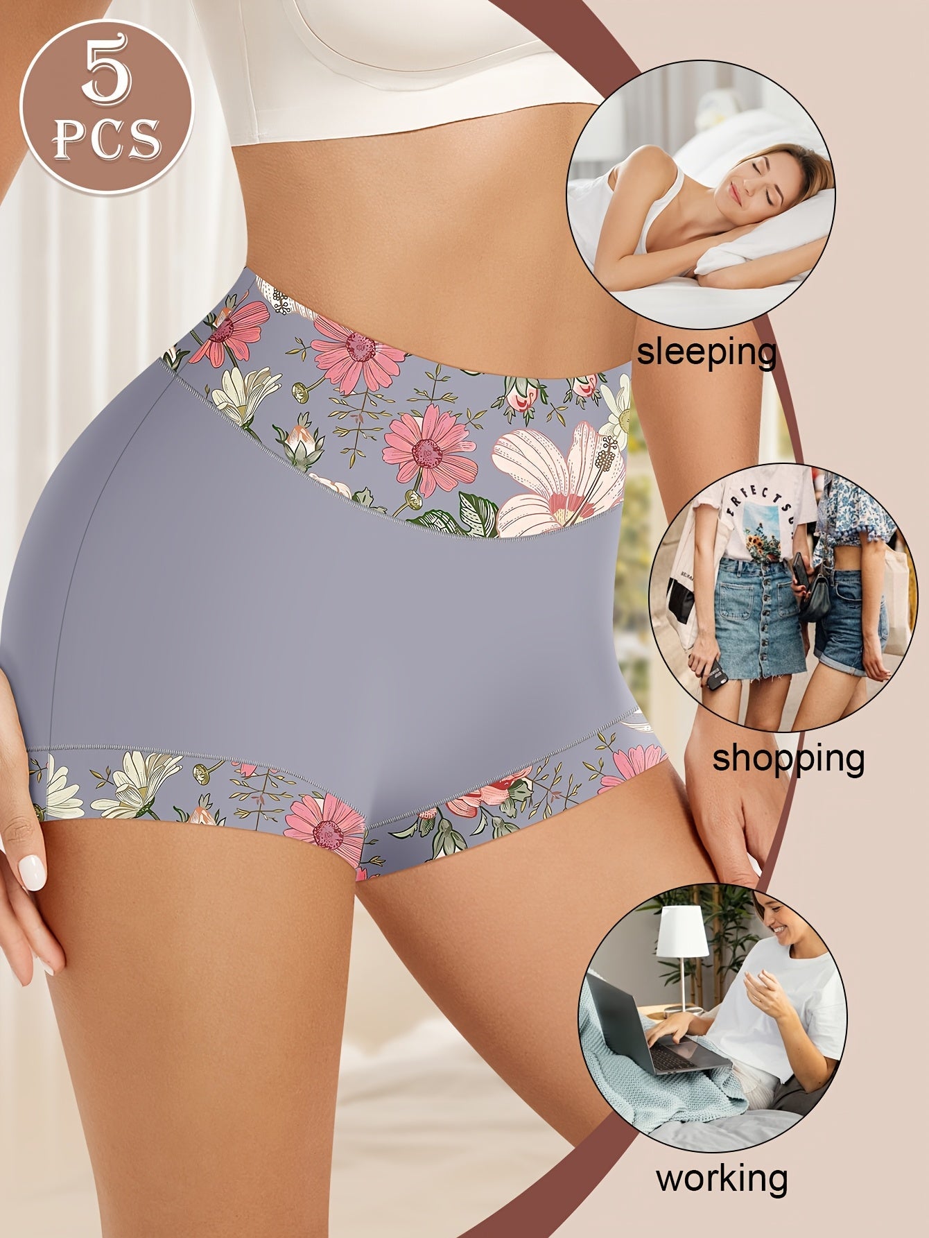 Women's 5-Pack High-Waist Briefs - Floral Everyday Comfort - Mixed – Polyester Printed Underwear – view 6