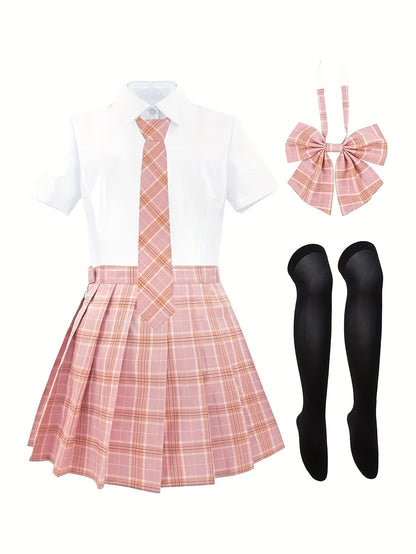 Women's 5-Piece Japanese Plaid Uniform Set - Bow Tie Plaid – Pink option – main product image